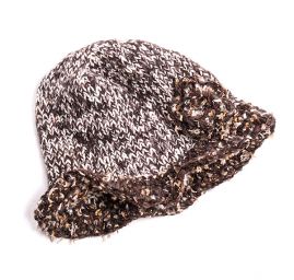 Pletené rukavice a čepice klobouk s kytkou hnědobílý set