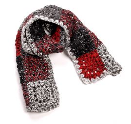 Háčkovaná čepice, rukavice , šála šedo červený set