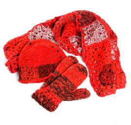 Háčkovaný originálny set čiapka šál rukavice červená