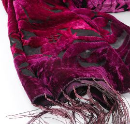 Šála vypalovaný samet s třásněmi růžová