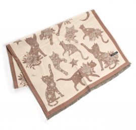 Šála oboustranná s kočkami krémová/hnědá