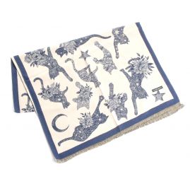 Šála oboustranná s kočkami krémová/modrá