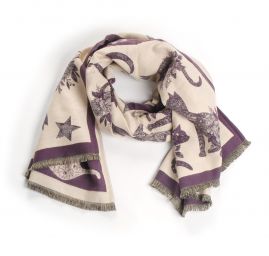 Šála oboustranná s kočkami krémová/fialová