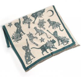 Šála oboustranná s kočkami krémová/tm.zelená