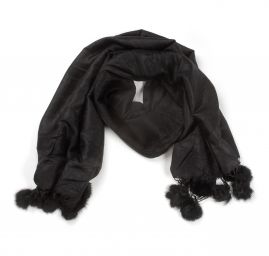 Šála směs kašmír/hedvábí žakár černá s bambulkami
