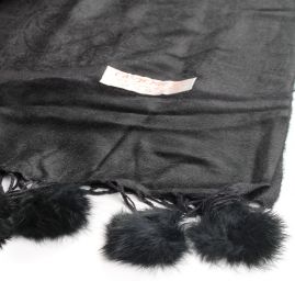 Šála směs kašmír/hedvábí žakár kožešinové bambulky černá