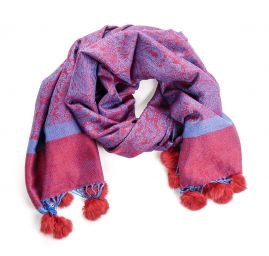 Šála směs kašmír/hedvábí žakár kožešinové bambulky černá