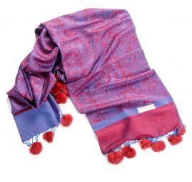 Šála směs kašmír/hedvábí žakár kožešinové bambulky černá