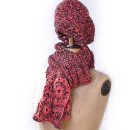 Pletený šál čiapka s háčkovaným lemom červenočierna