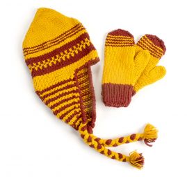 Ručně pletená sada čepice,rukavice okrová, vínová