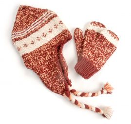 Ručně pletená sada čepice,rukavice červenooranžový melír