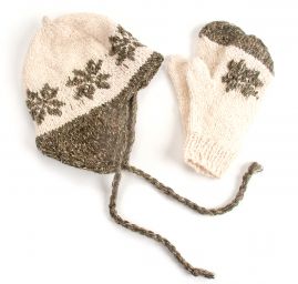 Ručně pletená sada čepice,rukavice smetanová,zelená