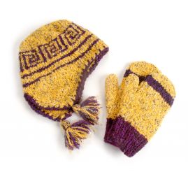 Ručně pletená sada čepice,rukavice žlutá, fialová