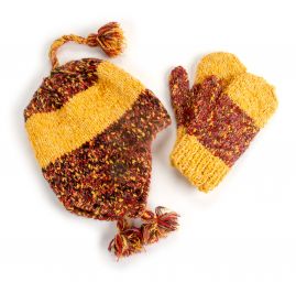 Ručně pletená sada čepice,rukavice žlutá, červená,fialová