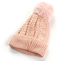 Čepice copánková s bambulí zateplená růžová