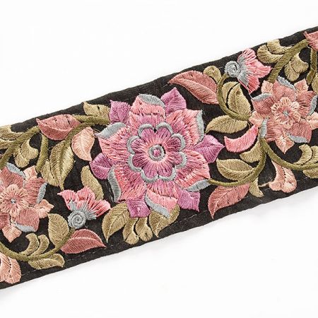 Vyšívaná stuha šantung široká starorůžové květy