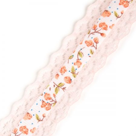 Stuha rypsová květy krajkový lem růžová