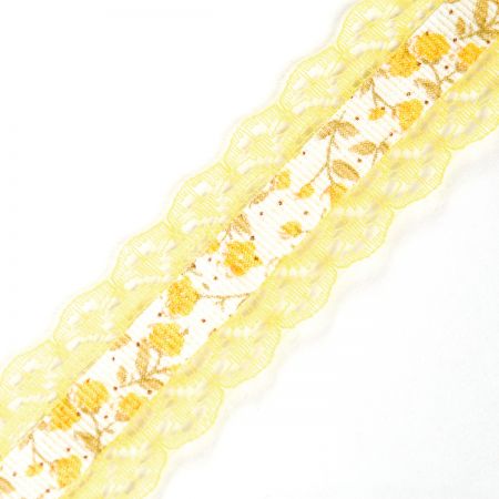Stuha rypsová květy krajkový lem žlutá