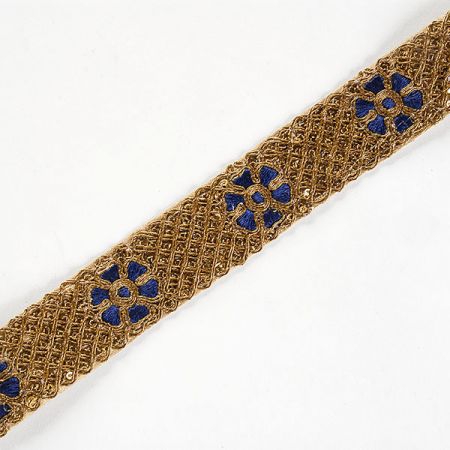 Krajková kovová stuha starozlatá modrá
