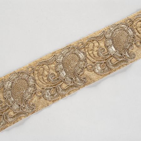 Krajková kovová stuha paisley vzor šedá měděná