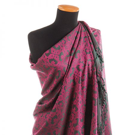 Hedvábná šála žakár třásně zelená/růžová