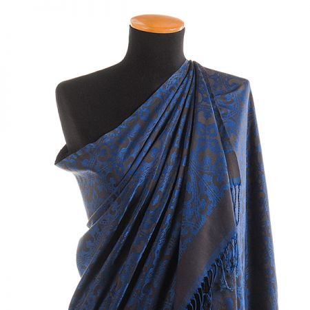 Hedvábná šála žakár třásně modrá/hnědá