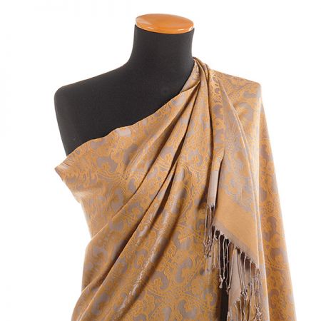 Hedvábní šála žakár třásně žluto/šedá