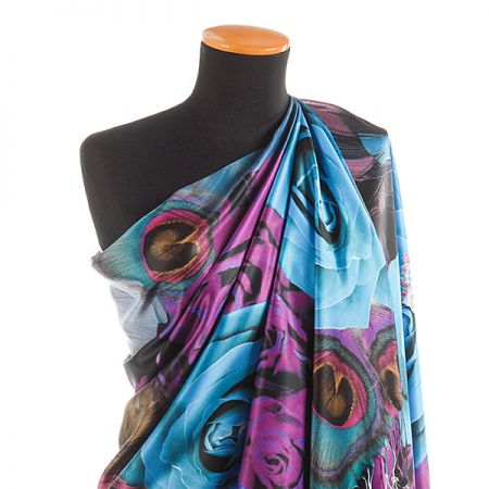 Efektní šála s třásněmi paví pera/růže tyrkysová