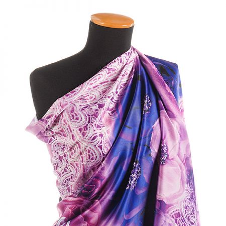 Efektní šála s třásněmi vážka/růže růžovomodrá