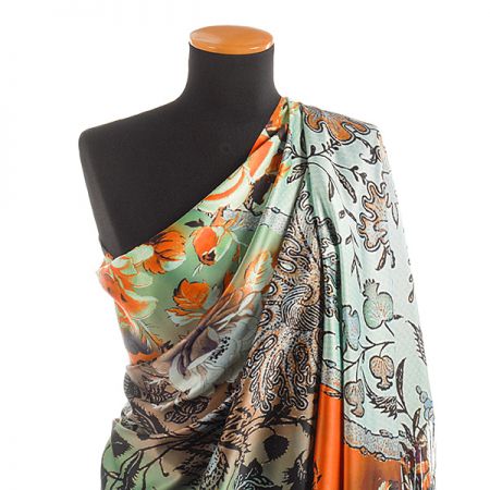 Efektní šála motiv květů oranžová/zelená