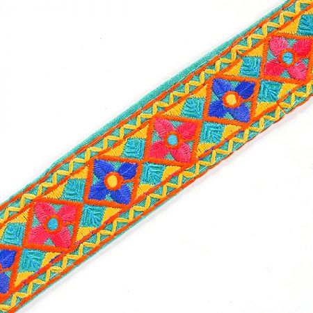 Vyšívaná stuha lidový motiv tyrkysová/žlutá