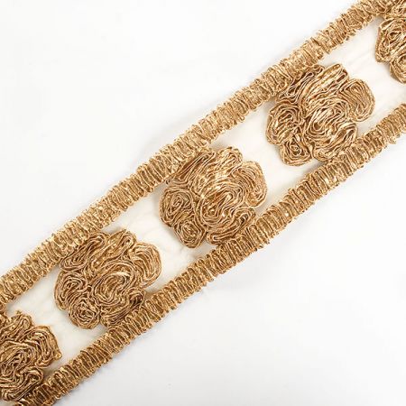 Stuha rexová výšivka na tylu květy zlatá