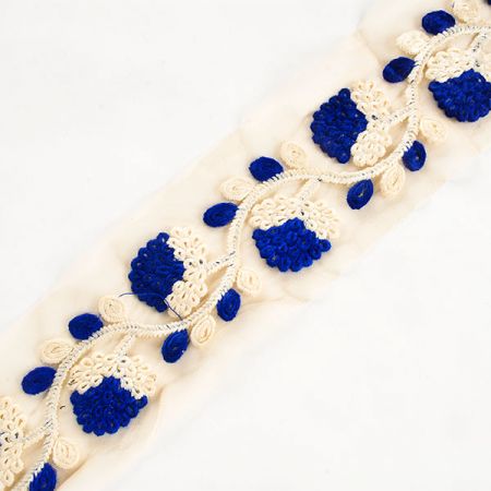 Stuha květinový výšivka na tylu smetanová/modrá