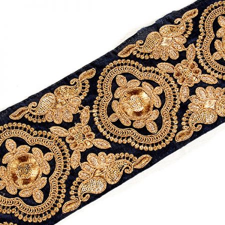 Šantungová stuha vyšívaná květinový ornament zlatá