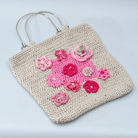 Háčkovaná taška sivá / ružová kytičky