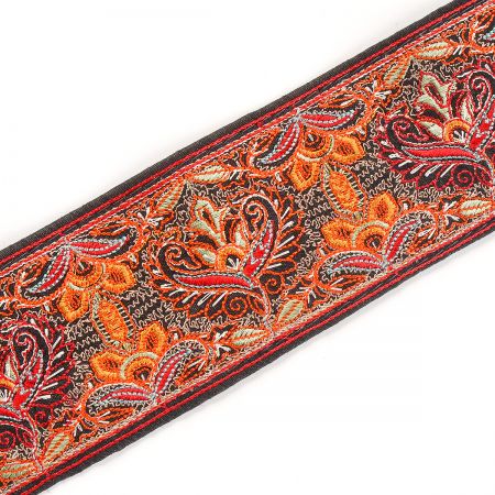 Vyšívaná stuha šantung orientální vzor červeno-oranžová