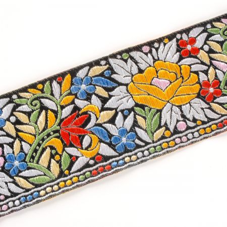 Vyšívaná stuha květinový vzor modro-žluto-červeno-zelená