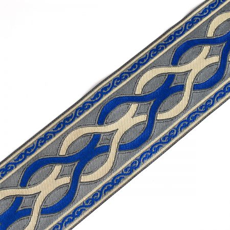 Vyšívaná stuha geometrický vzor artdeco modrobéžová