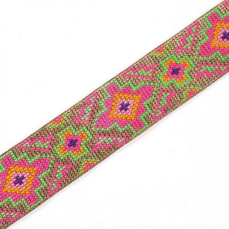 Stuha žakárová etno motiv růžovozelený