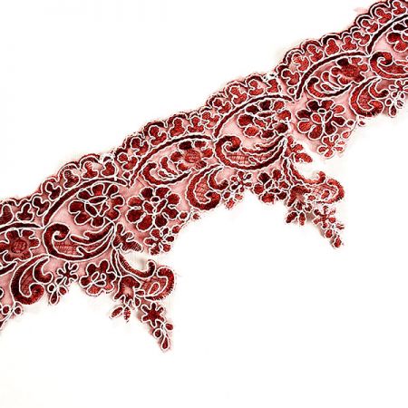 Krajka lem květinový motiv vínovobílá