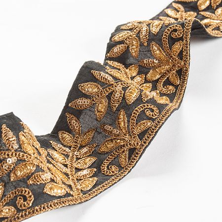 Stuha vyšívaná květinový vzor kovová zlatá/černá