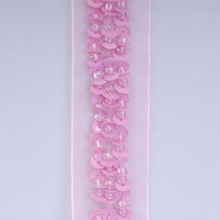 Sifónové stuha vyšívaná flitrami a korálkami ružová