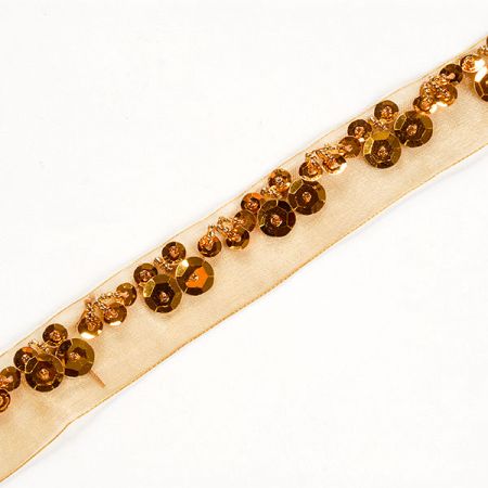 Organzová stuha s flitry a korálky starozlatá