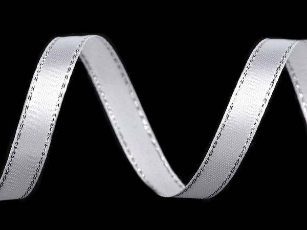 Stuha atlasová vánoční s lurexem bílá/stříbrná