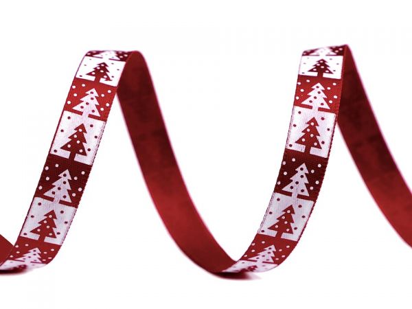 Stuha vánoční atlasová stromeček vínová/bílá