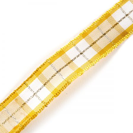 Stuha taft žlutostříbrná kostka s drátkem 2 cm
