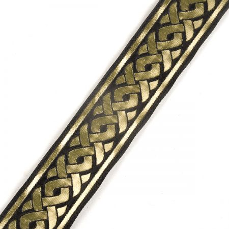 Stuha žakárová černozlatá 35 mm geometrický vzor propletený