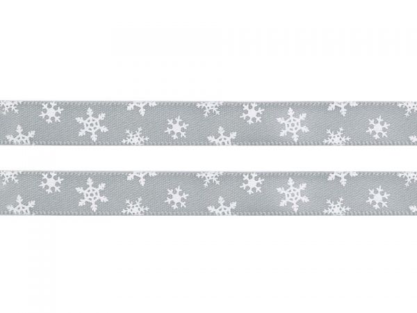 Stuha vánoční atlasová vločky šedá
