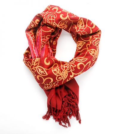 Šála pléd vínová s květinovou okrovou výšivkou 