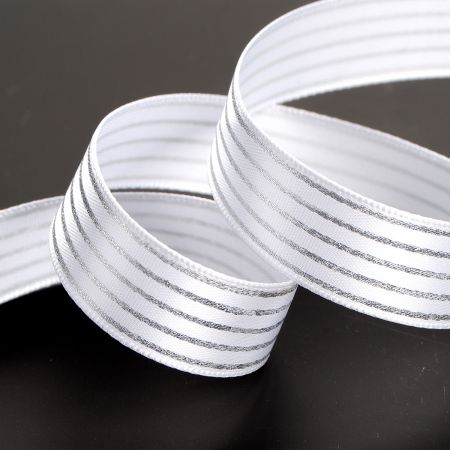 Atlasová stuha bílá stříbrné proužky 15mm